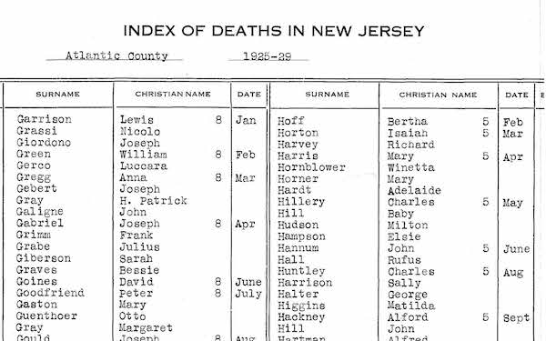 Sample of New Jersey Death Index from 1925
