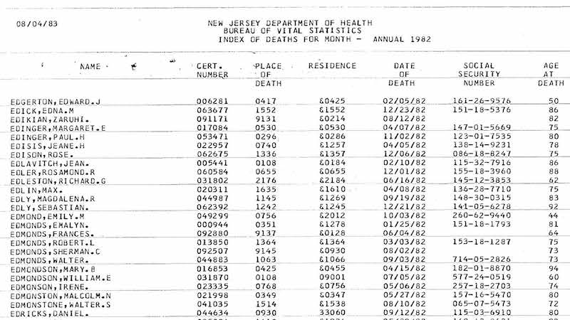 Sample of New Jersey Death Index from 1982